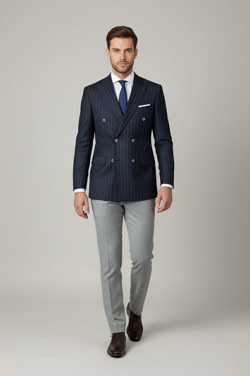 Navy Pinstriped Double-Breasted Suit with Grey Trousers