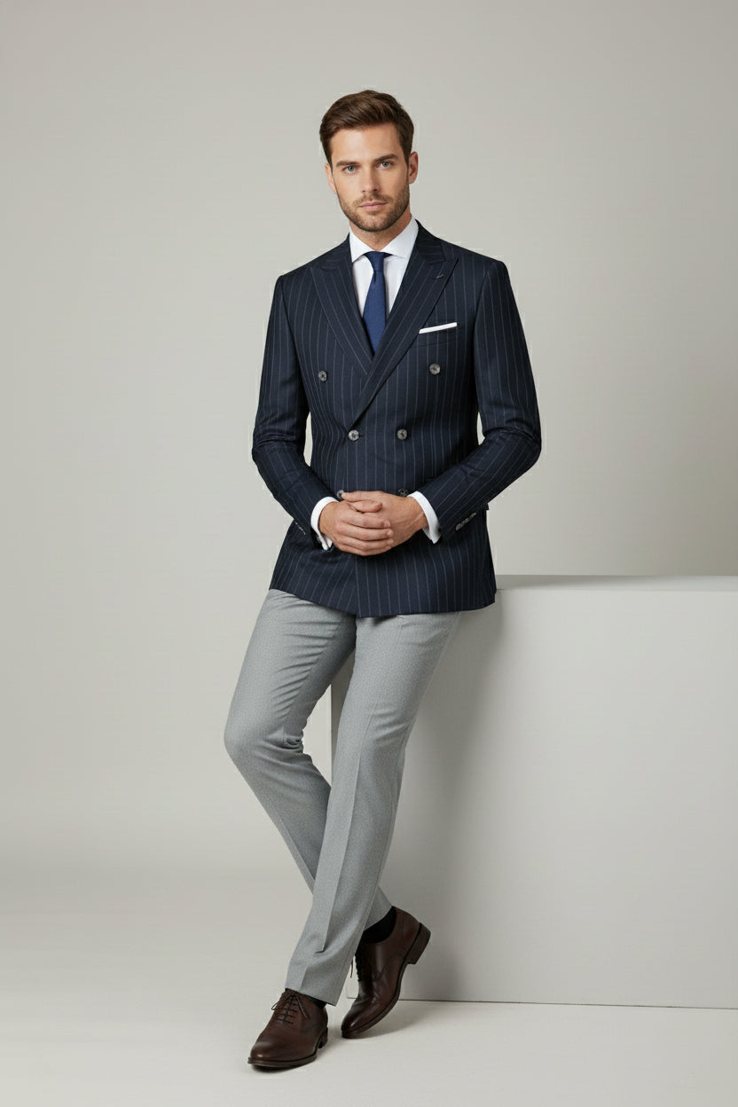 Navy Pinstriped Double-Breasted Suit with Grey Trousers