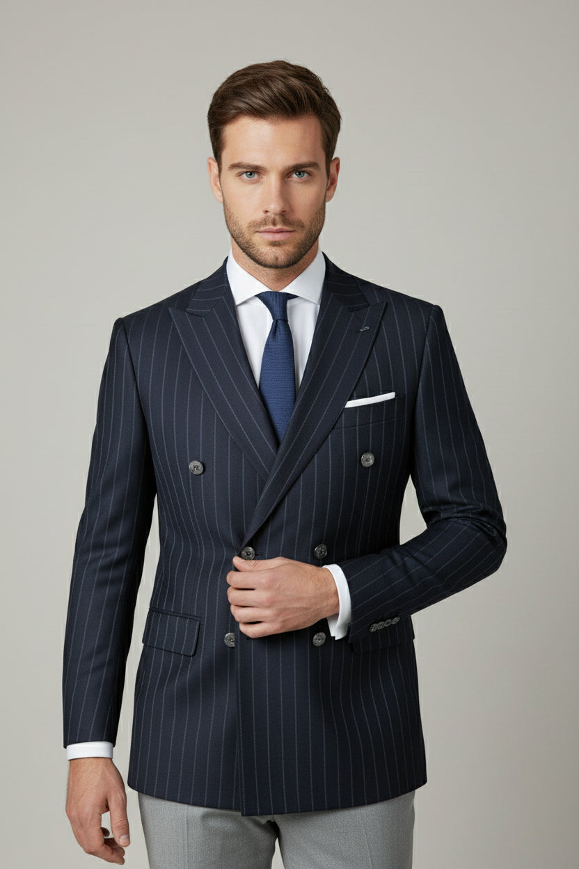 Navy Pinstriped Double-Breasted Suit with Grey Trousers