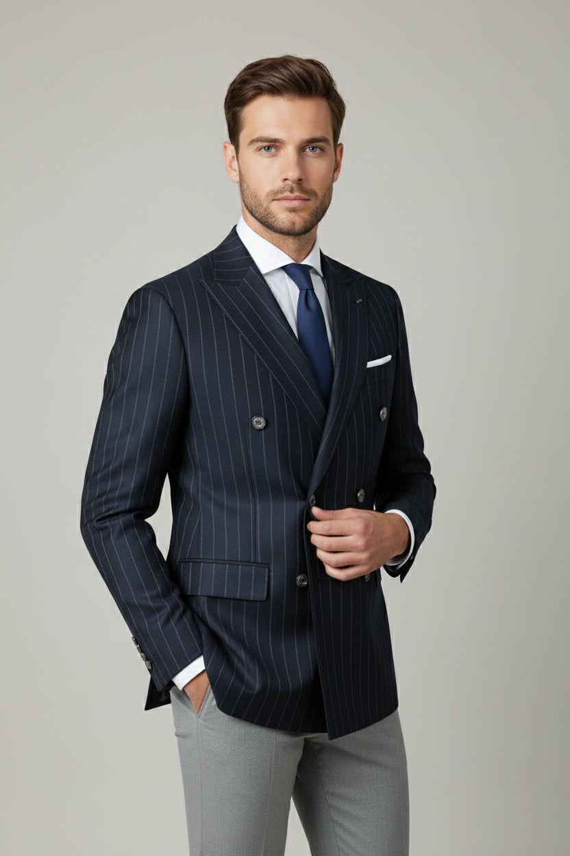 Navy Pinstriped Double-Breasted Suit with Grey Trousers