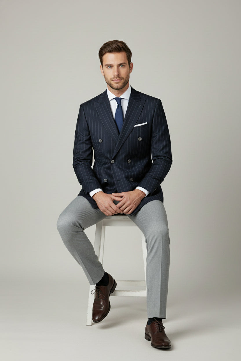 Navy Pinstriped Double-Breasted Suit with Grey Trousers