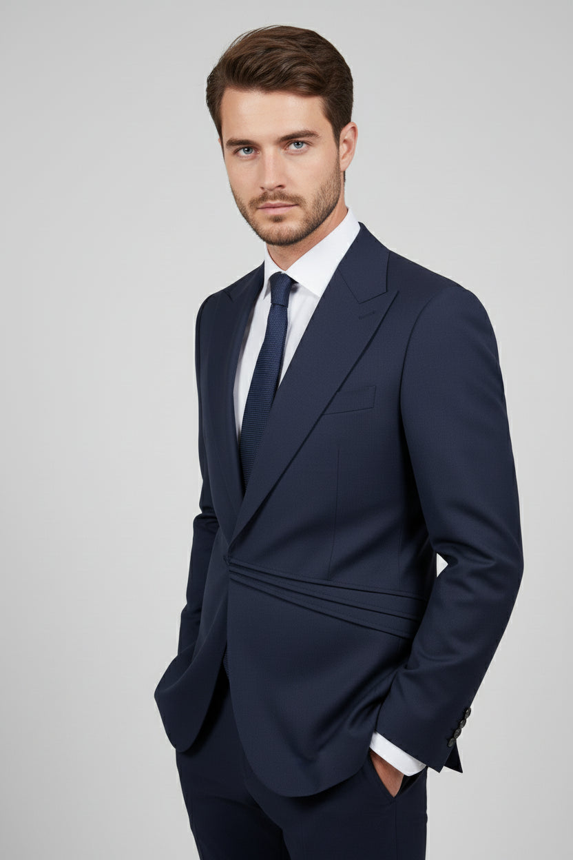 Navy Single-Breasted Suit with Sculpted Waist Detail