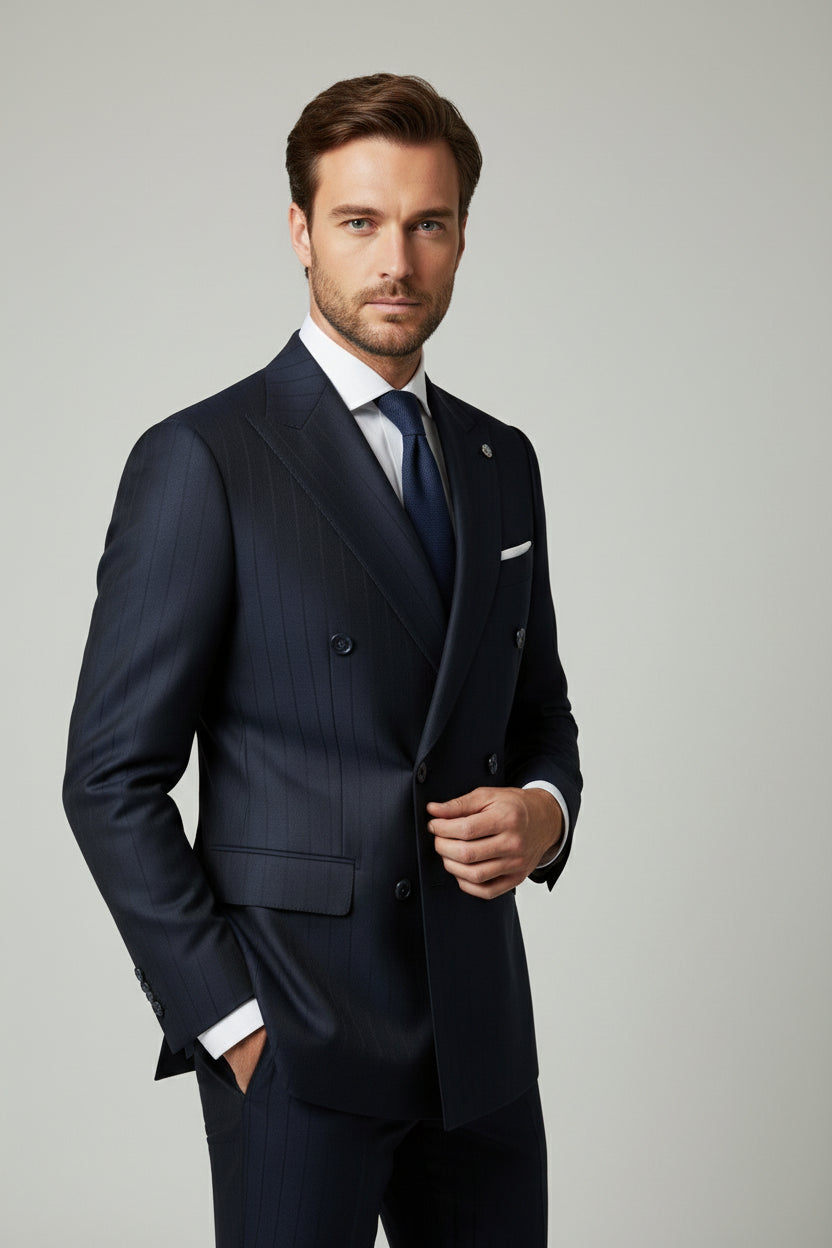 Navy Pinstriped Double-Breasted Suit