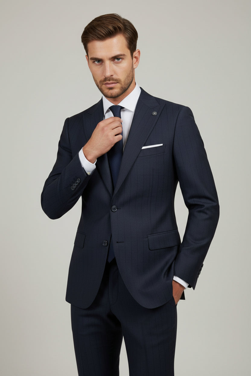 Navy Two-Piece Suit with Black Pinstripes