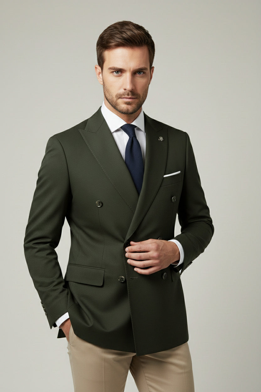Olive Green and Beige Combination Double-Breasted Suit