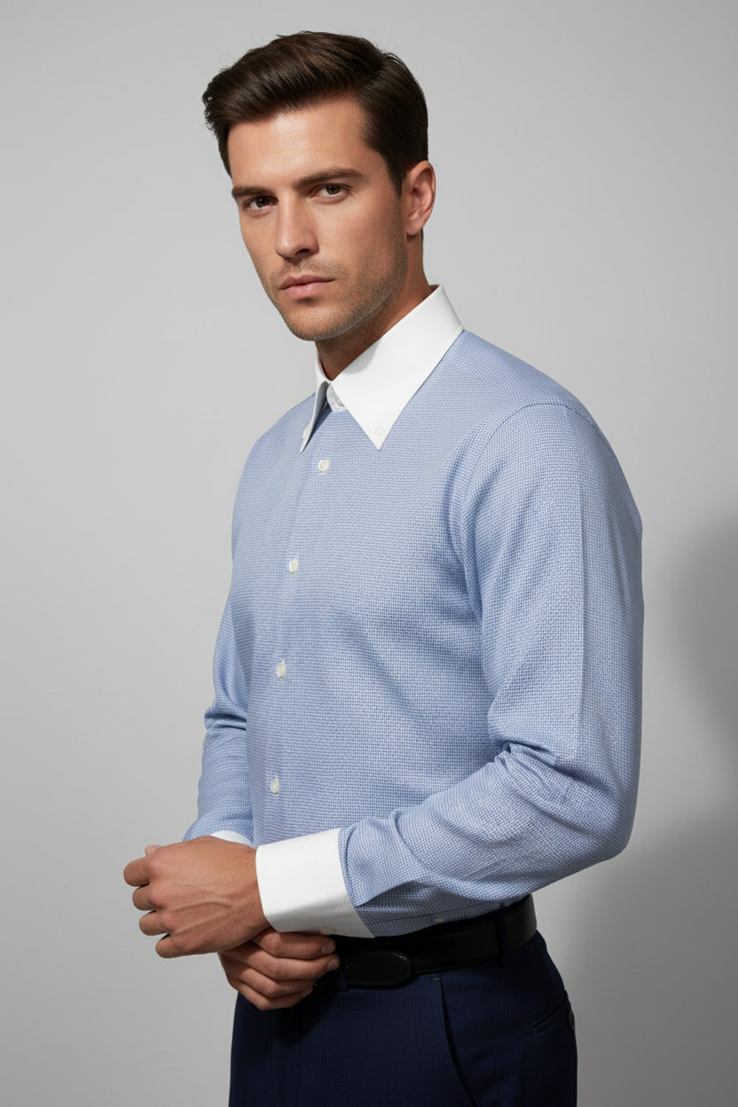 Blue Micro-Pattern Contrast Collar Shirt