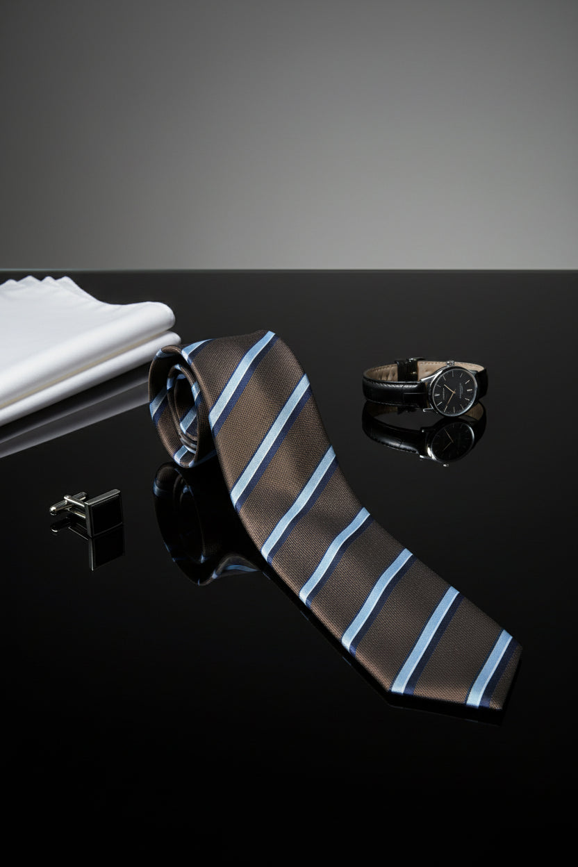 Brown and Blue Striped Silk Tie