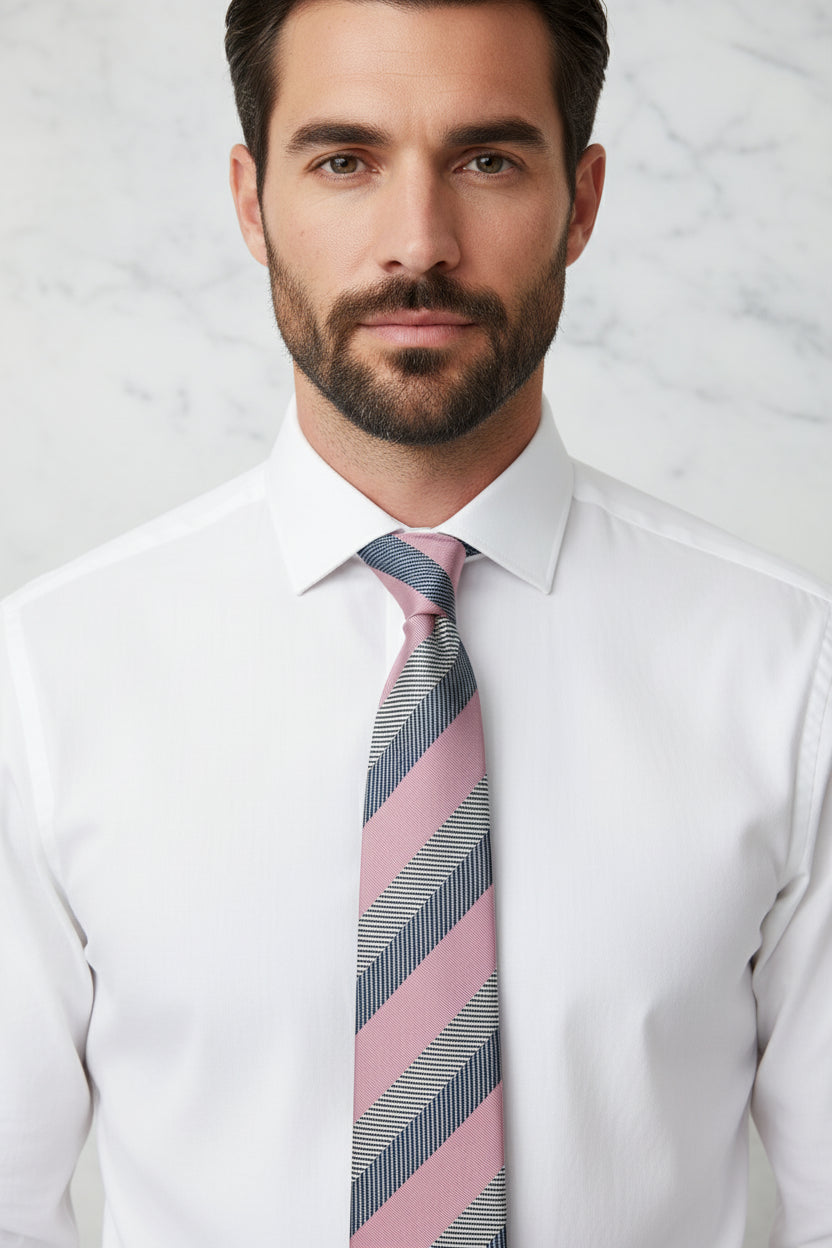 Pink and Navy Striped Silk Tie