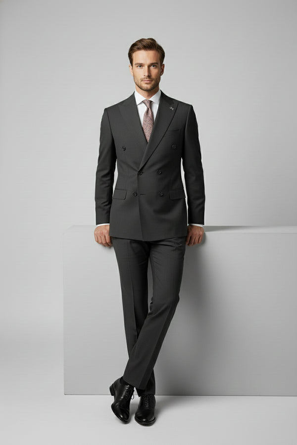 Black Double Breasted Wool Suit