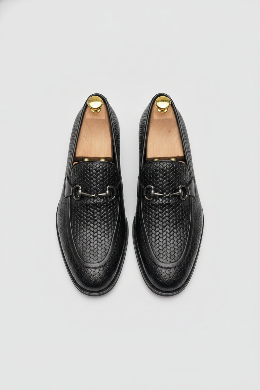 Black textured leather loafers, slip-on, luxury footwear - Suit Sartoria UAE