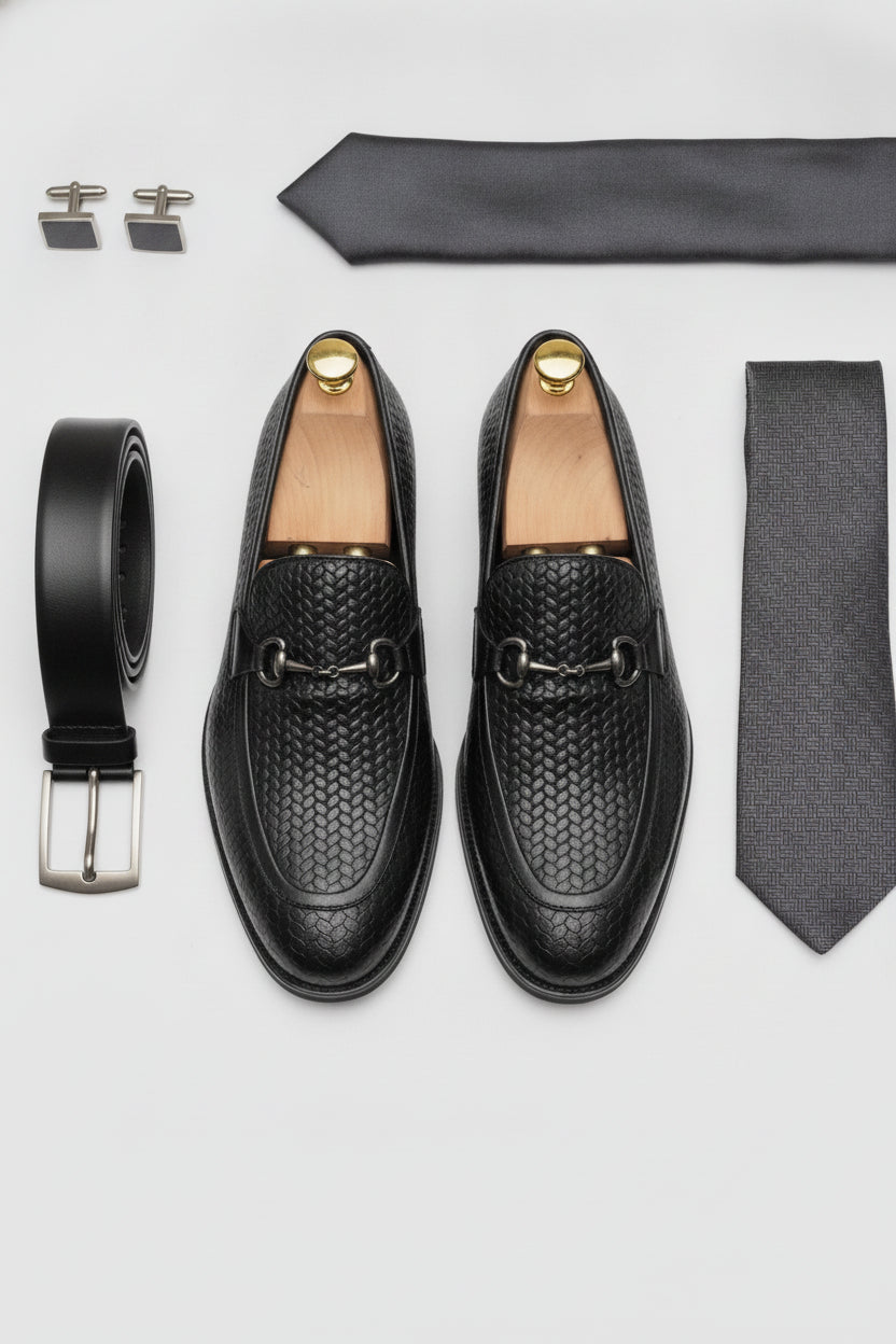 Black textured leather loafers, slip-on style - Suit Sartoria UAE