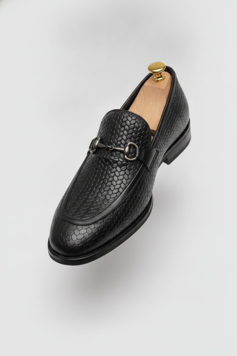 Black textured leather loafers with metal detail - Suit Sartoria UAE