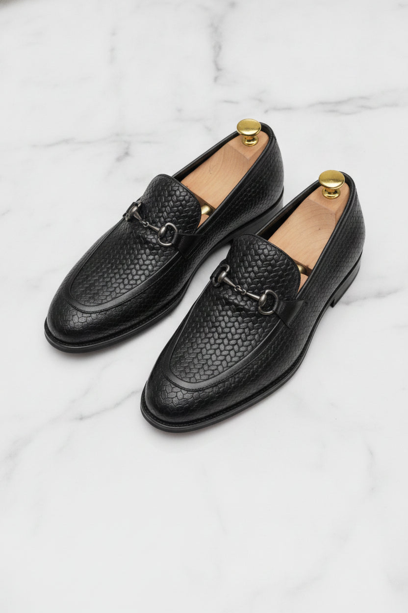 Black textured leather loafers, slip-on formal menswear - Suit Sartoria UAE