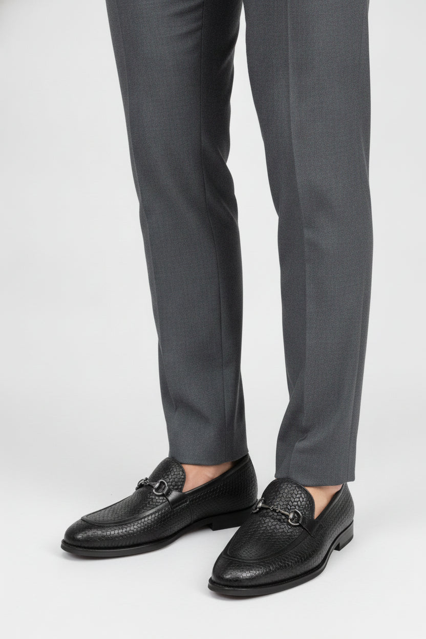 Black textured leather loafers, regular fit, slip-on - Suit Sartoria UAE