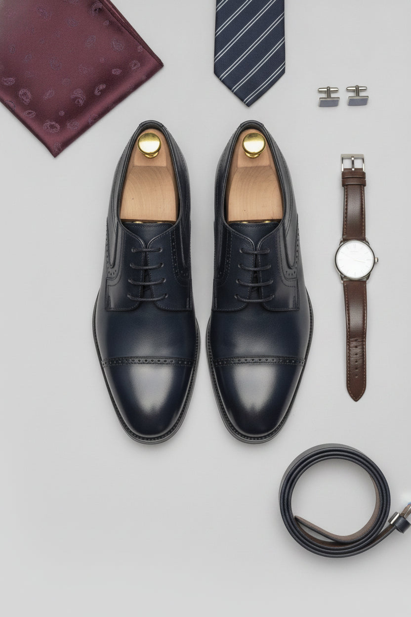 Midnight blue leather oxford shoes with lace-up design - Suit Sartoria UAE