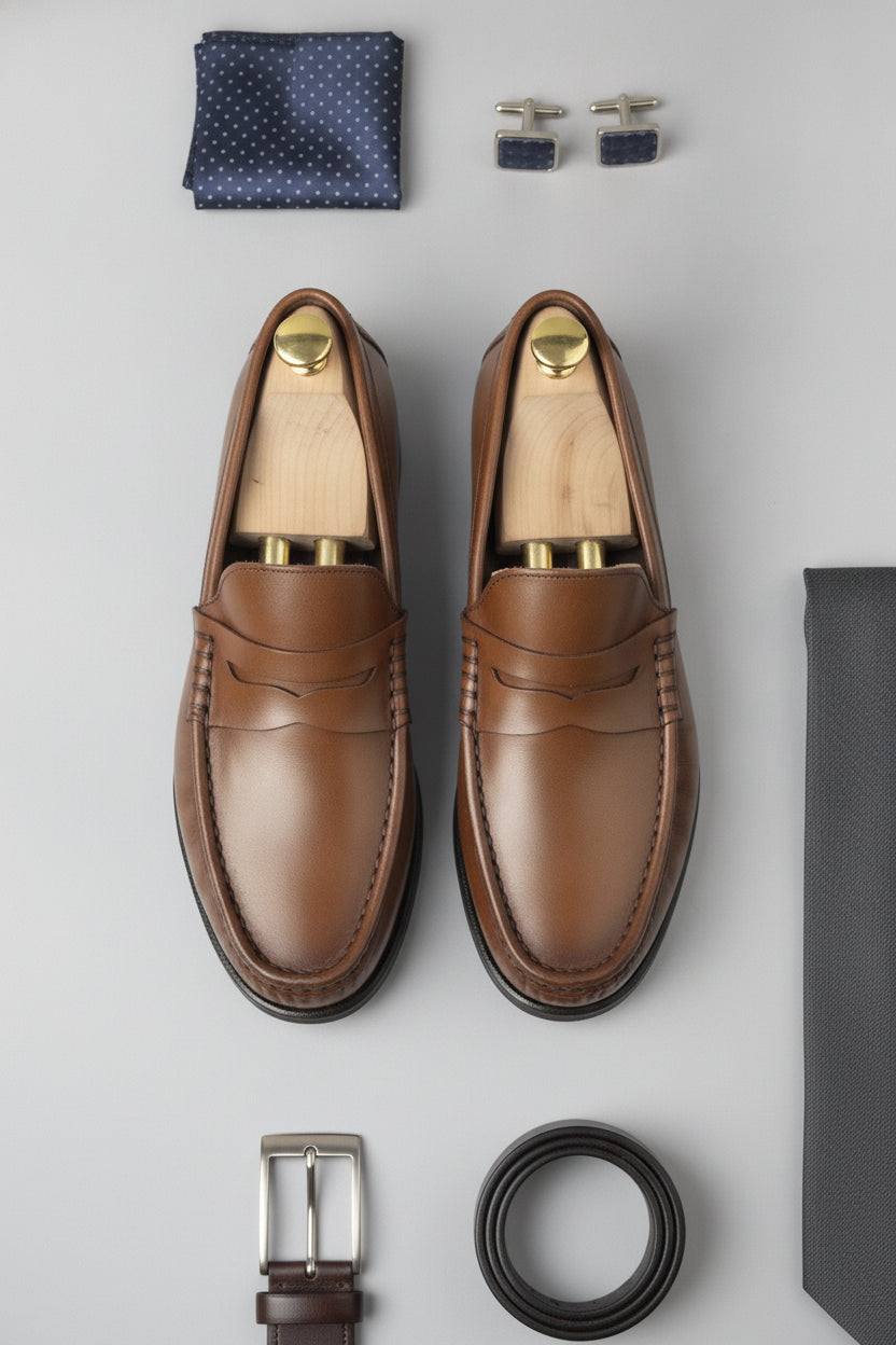 Chestnut brown penny loafers with leather finish - Suit Sartoria UAE