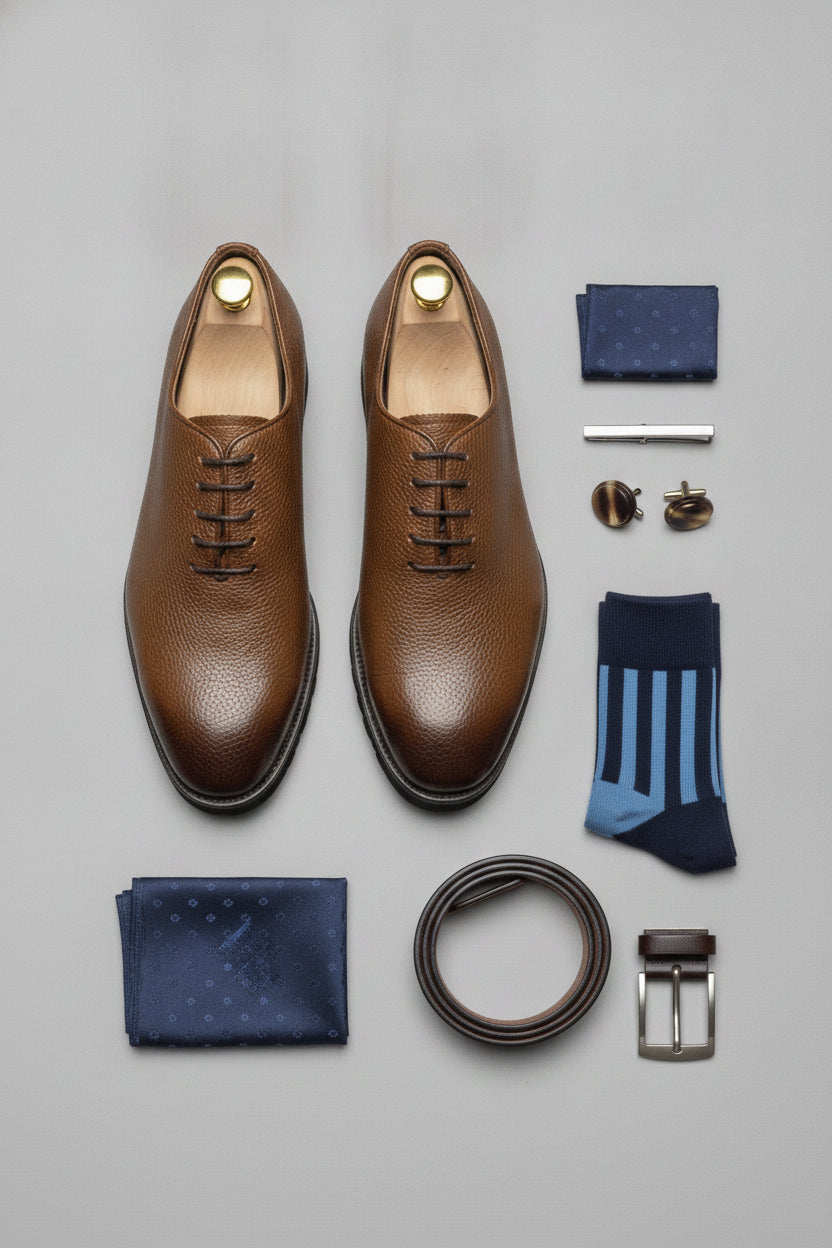 Chestnut brown leather Derby shoes with accessories - Suit Sartoria UAE