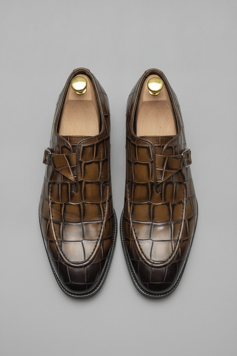 Cognac brown crocodile pattern loafers - Suit Sartoria UAE