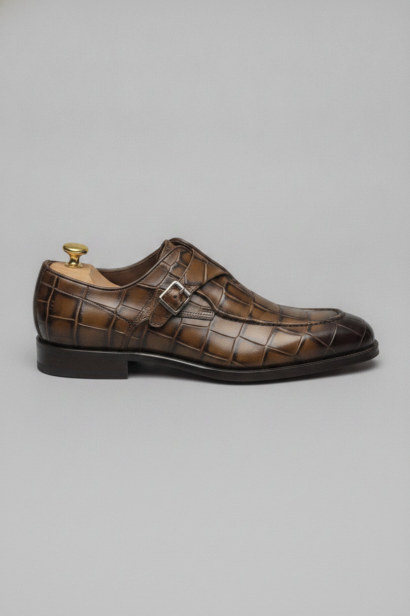 Cognac brown crocodile pattern loafers, luxury menswear - Suit Sartoria UAE