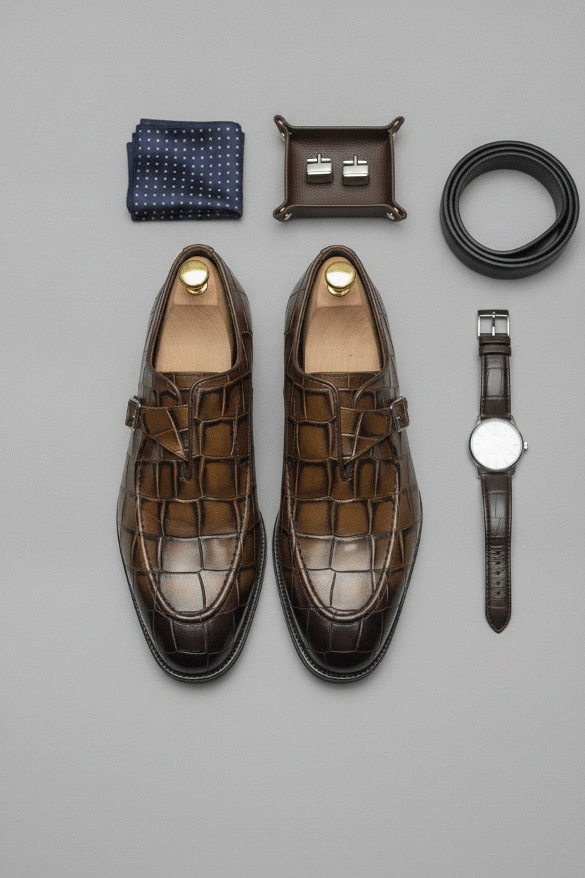 Cognac brown crocodile pattern loafers - Suit Sartoria UAE