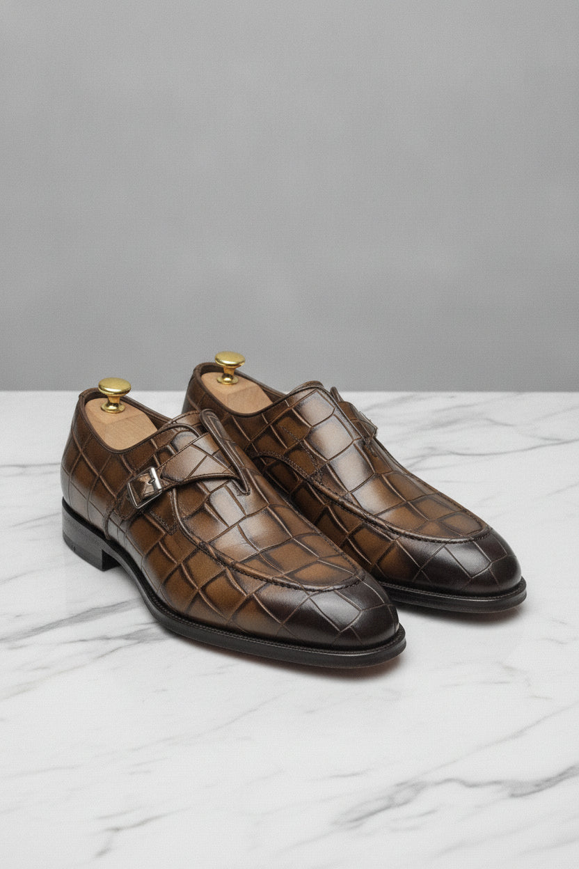 Cognac brown loafers with crocodile pattern - Suit Sartoria UAE