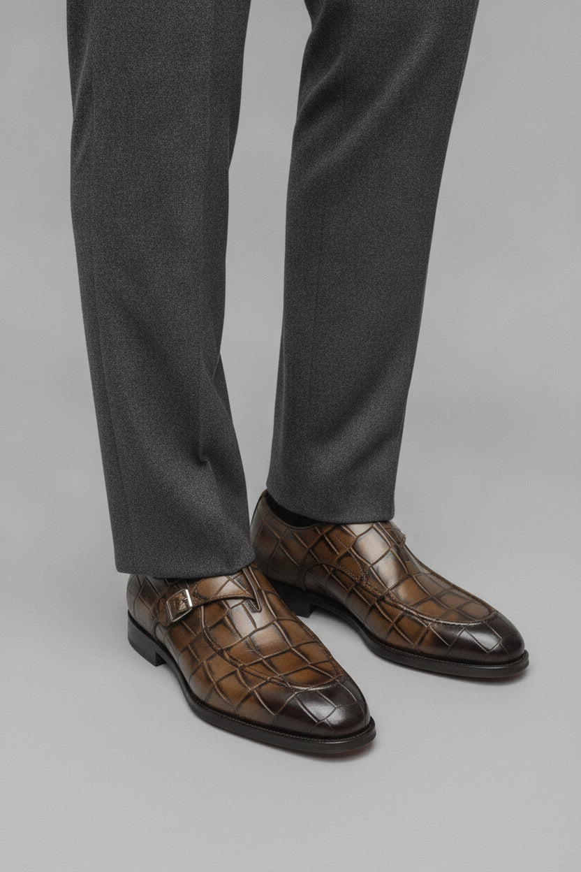 Man wearing cognac brown crocodile pattern loafers - Suit Sartoria UAE