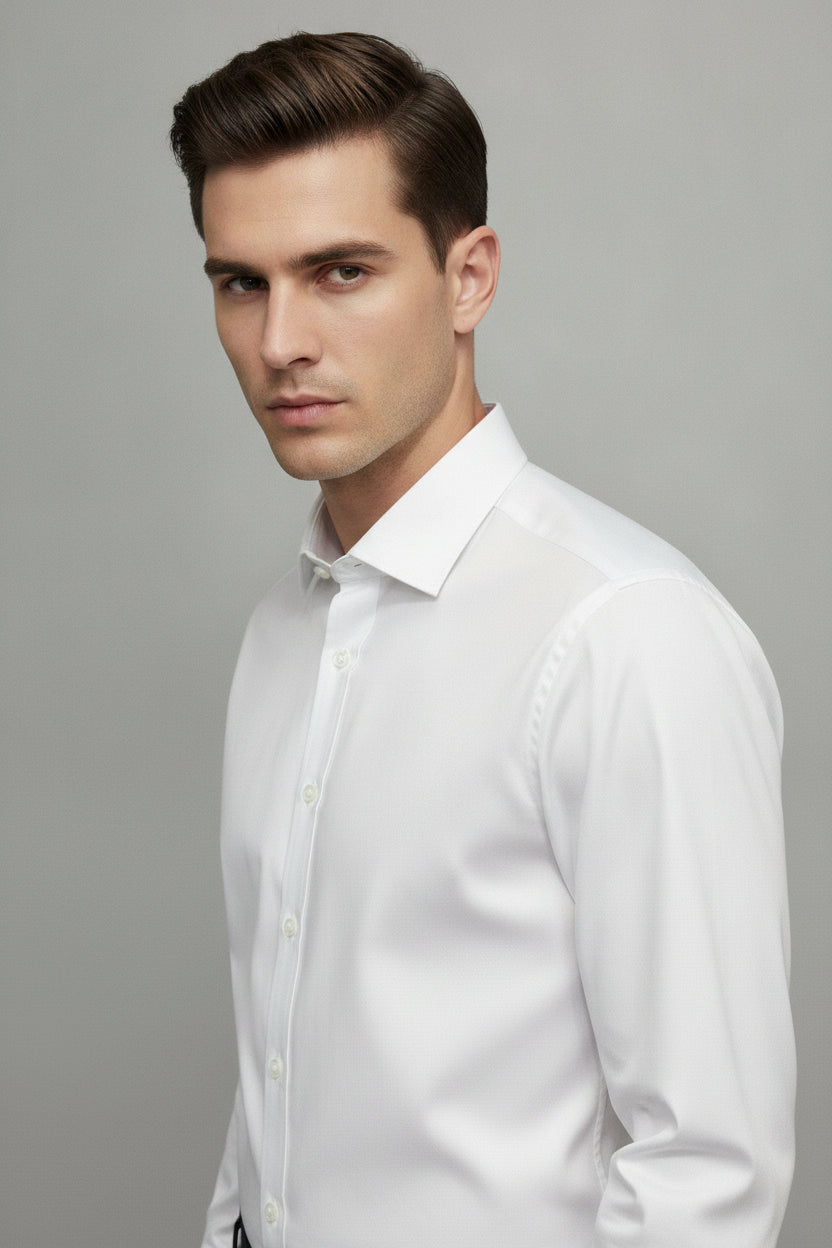 Man wearing white slim-fit formal shirt - Suit Sartoria UAE