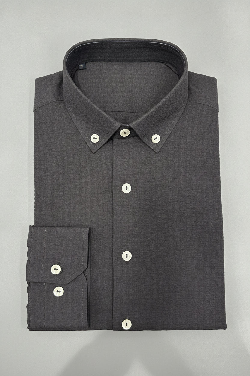 Man wearing charcoal black formal shirt with spread collar - Suit Sartoria UAE