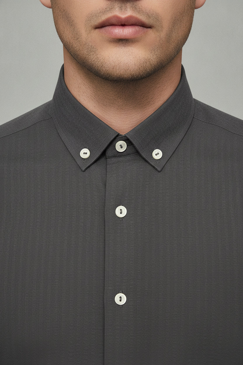 Man wearing charcoal black formal shirt with spread collar - Suit Sartoria UAE