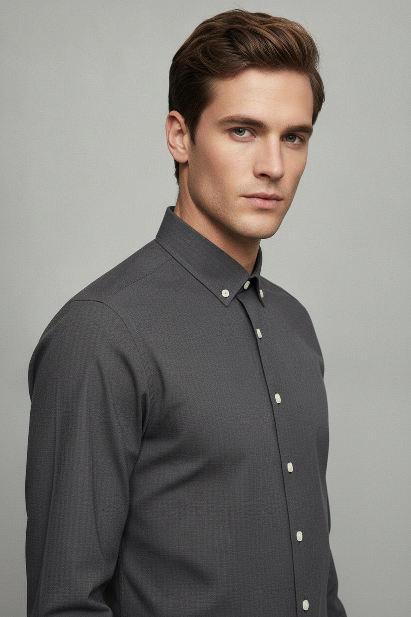 Man wearing charcoal black formal shirt with spread collar - Suit Sartoria UAE