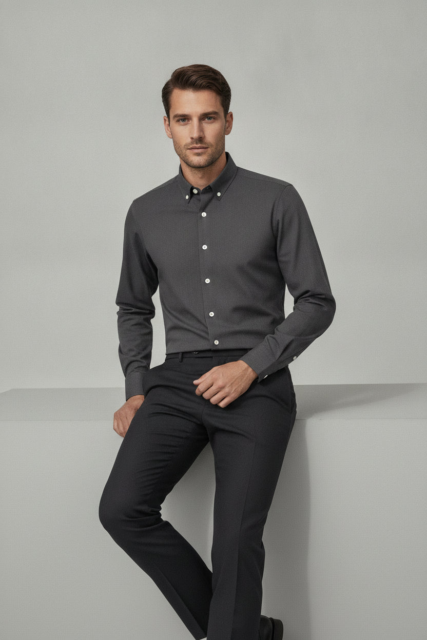 Man wearing charcoal black formal shirt with spread collar - Suit Sartoria UAE