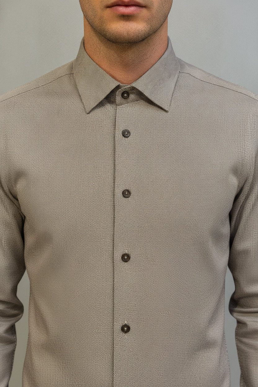 Man wearing taupe formal slim fit shirt - Suit Sartoria UAE
