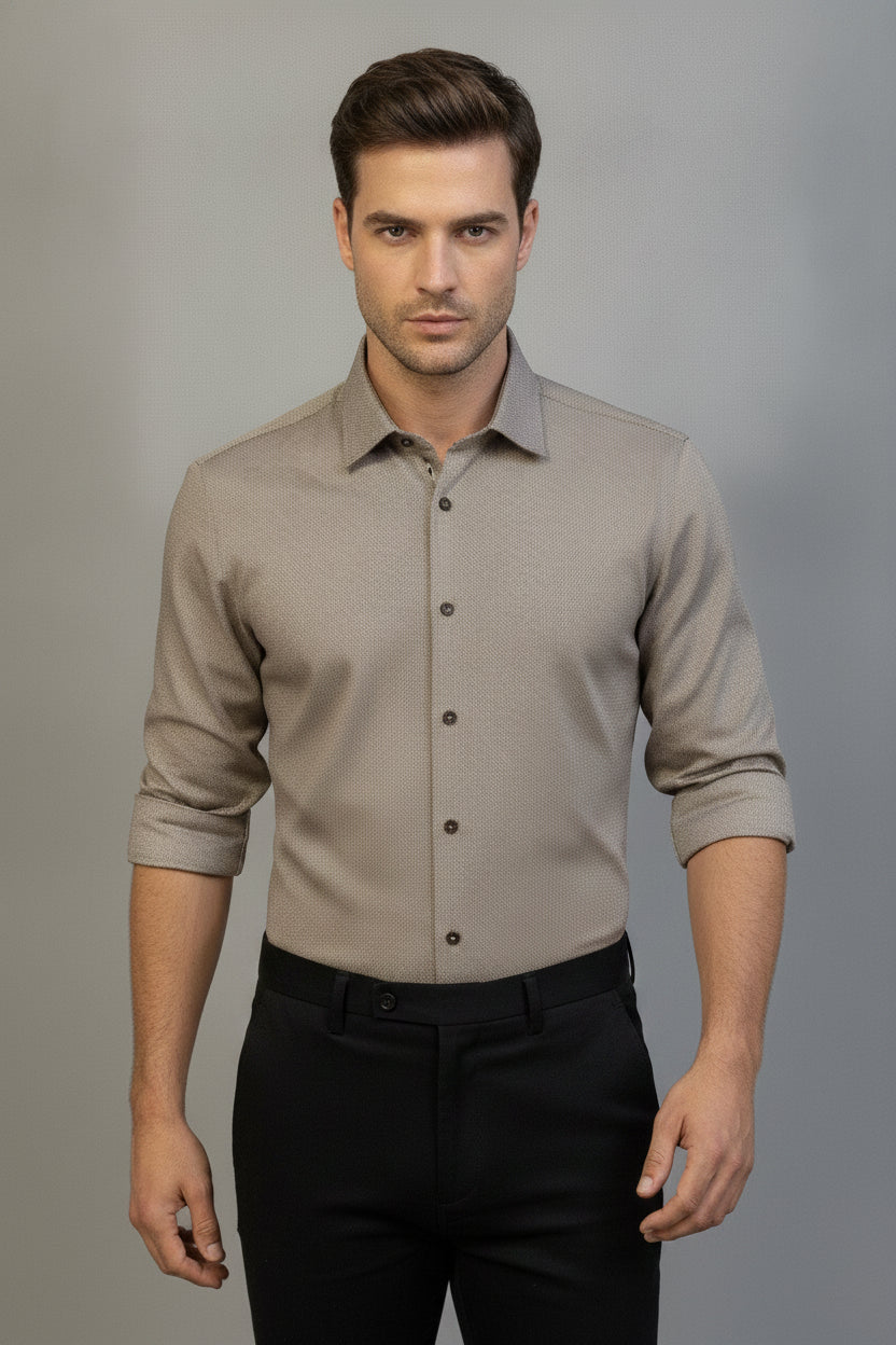 Man wearing taupe formal slim fit shirt - Suit Sartoria UAE