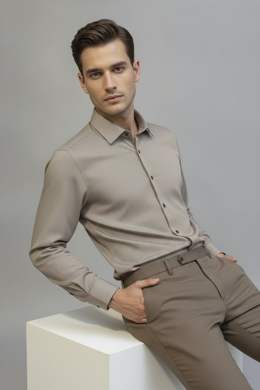 Man wearing taupe formal slim fit shirt - Suit Sartoria UAE