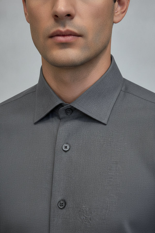 Man wearing charcoal grey formal shirt with button closure - Suit Sartoria UAE