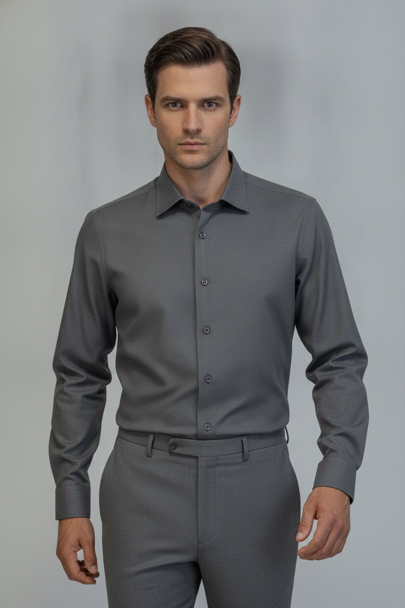 Man wearing charcoal grey formal shirt with button closure - Suit Sartoria UAE