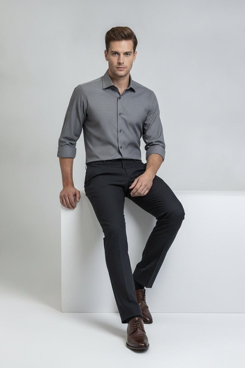 Man wearing charcoal grey formal shirt with button closure - Suit Sartoria UAE