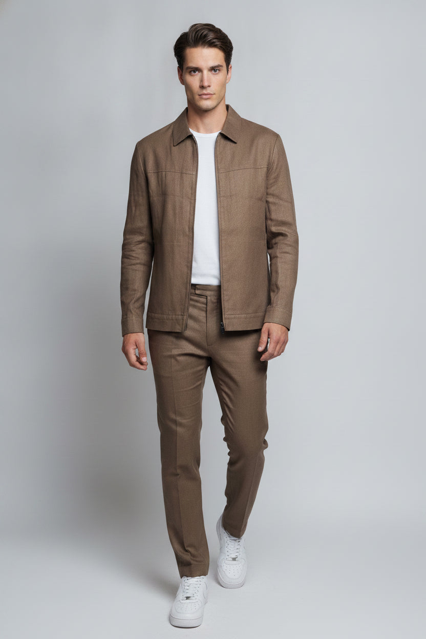 Man wearing chocolate brown zipper front safari suit - Suit Sartoria UAE