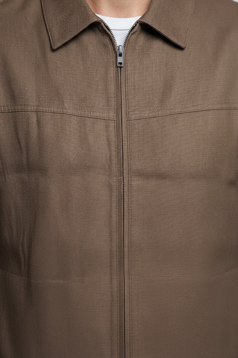 Man wearing chocolate brown zipper front safari suit - Suit Sartoria UAE