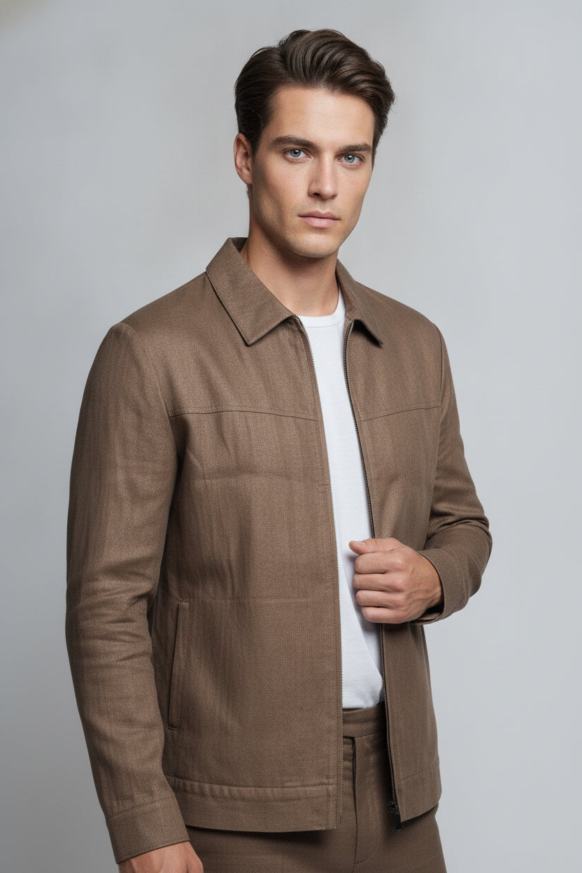 Man wearing chocolate brown zipper front safari suit - Suit Sartoria UAE