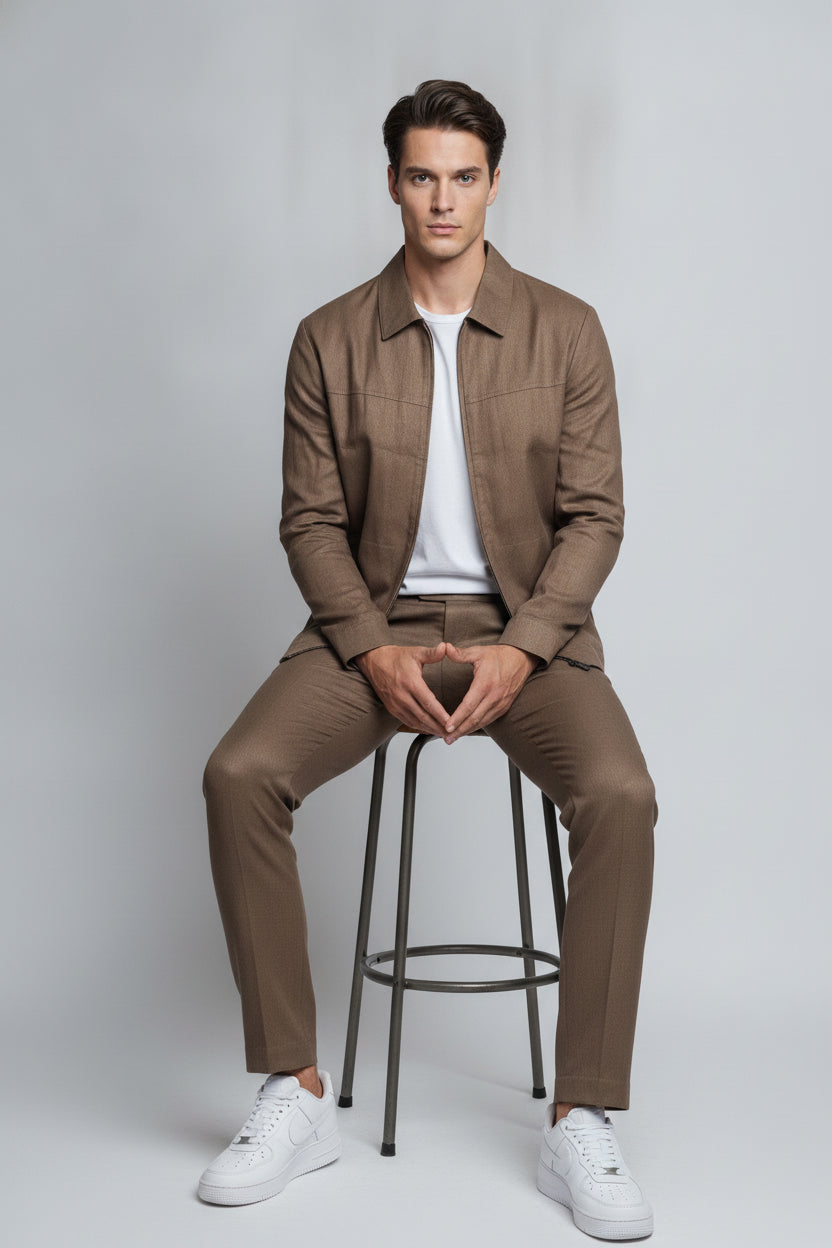 Man wearing chocolate brown safari suit with zipper front - Suit Sartoria UAE