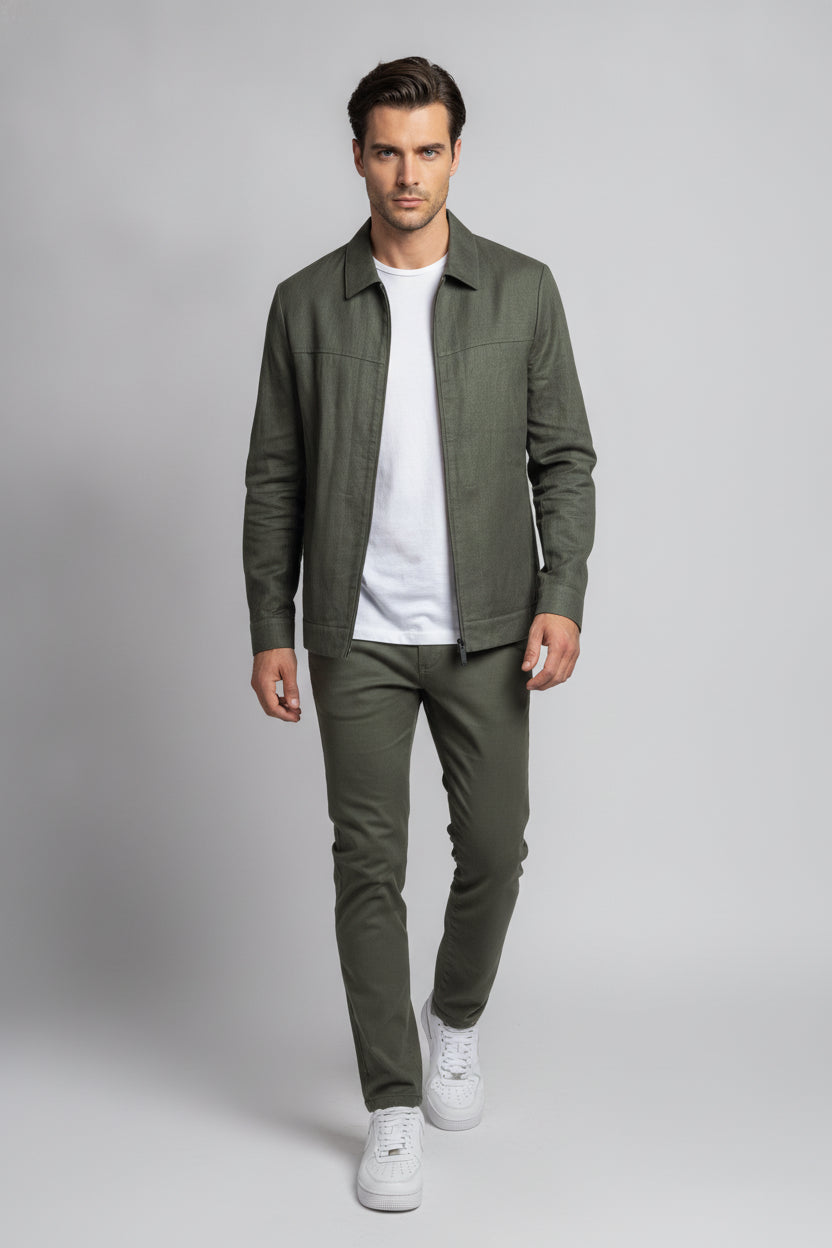 Man wearing forest green zipped safari suit - Suit Sartoria UAE