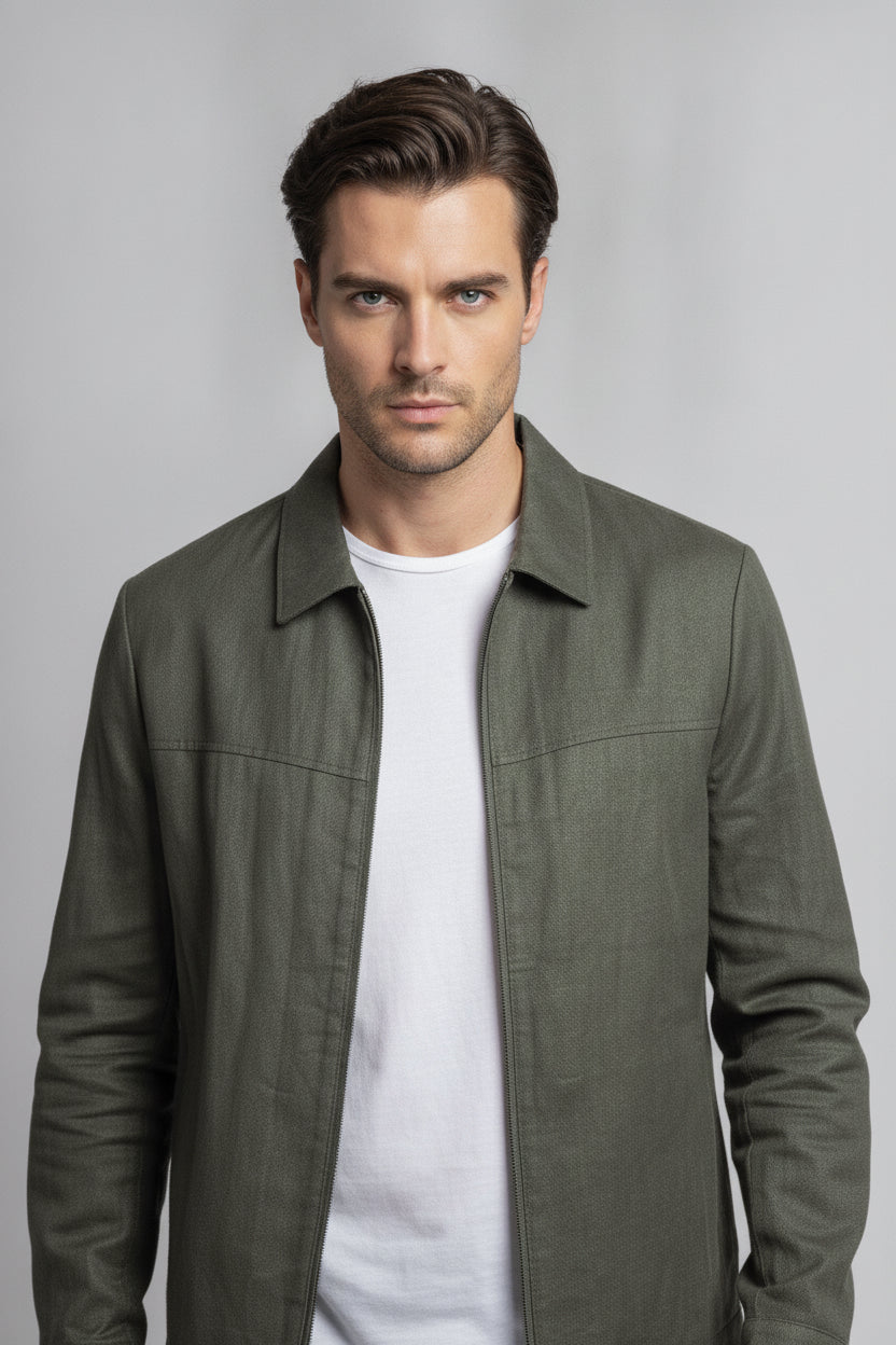 Man wearing forest green zipped safari suit - Suit Sartoria UAE