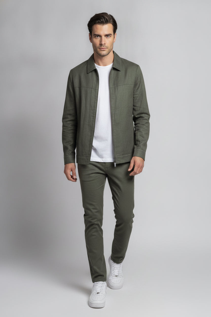 Man wearing forest green zipped safari suit - Suit Sartoria UAE