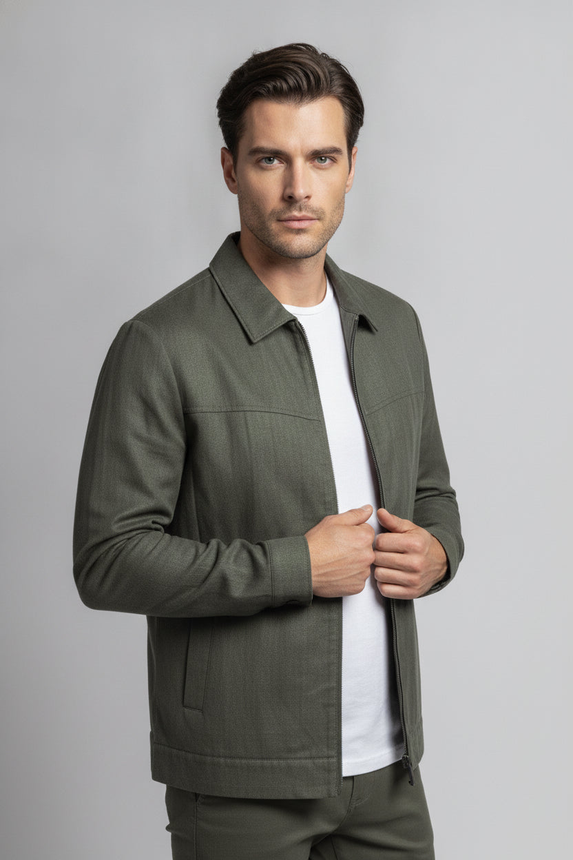 Man wearing forest green zipped safari suit - Suit Sartoria UAE