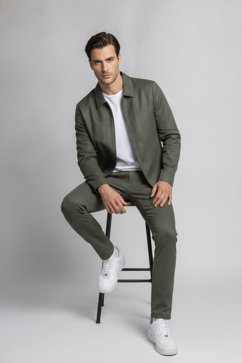 Man wearing forest green zipped safari suit - Suit Sartoria UAE