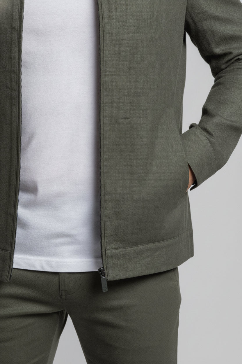 Man wearing forest green zipped safari suit - Suit Sartoria UAE