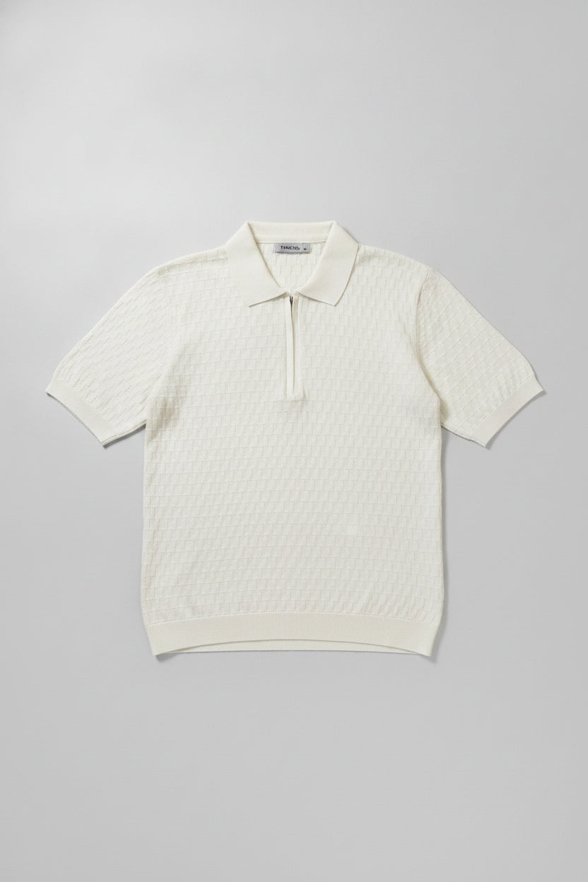 Man wearing off-white zip collar t-shirt, regular fit - Suit Sartoria UAE