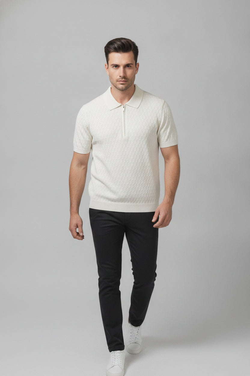 Man wearing off-white zip collar t-shirt, regular fit - Suit Sartoria UAE
