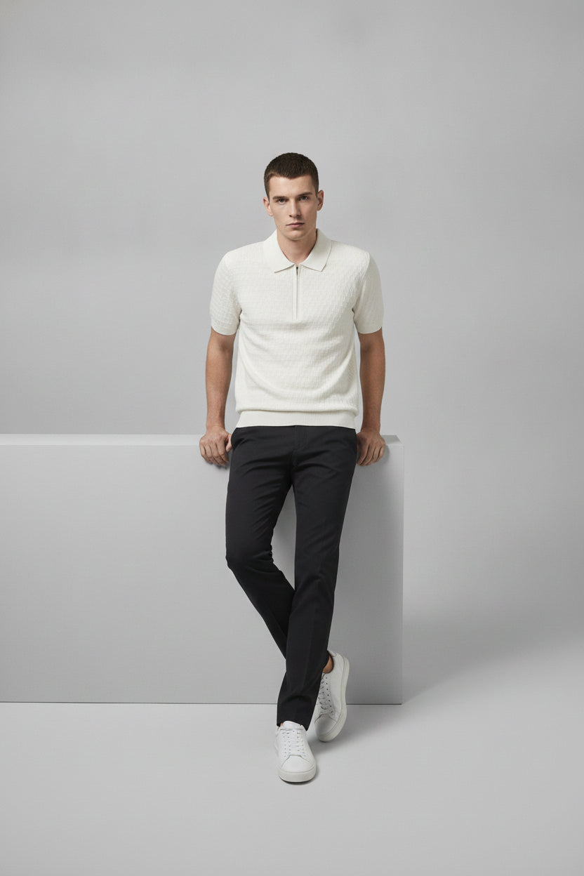 Man wearing off-white zip collar t-shirt - Suit Sartoria UAE